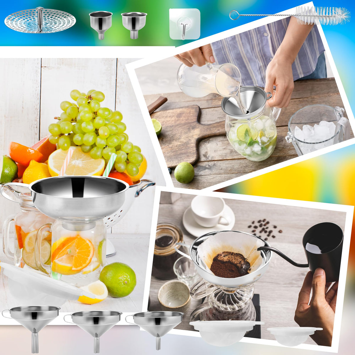 20 Pcs Canning Funnels Stainless Steel Wide and Narrow Mouth Strainer for Regular Mason Jar Filling Kitchen Use with Mesh Filter Brush Hook Metal Food Funnel Supplies Kit