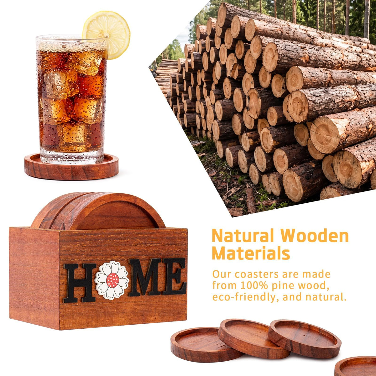 Wooden Coasters Set of 4 for Drink with Holder Table Decor