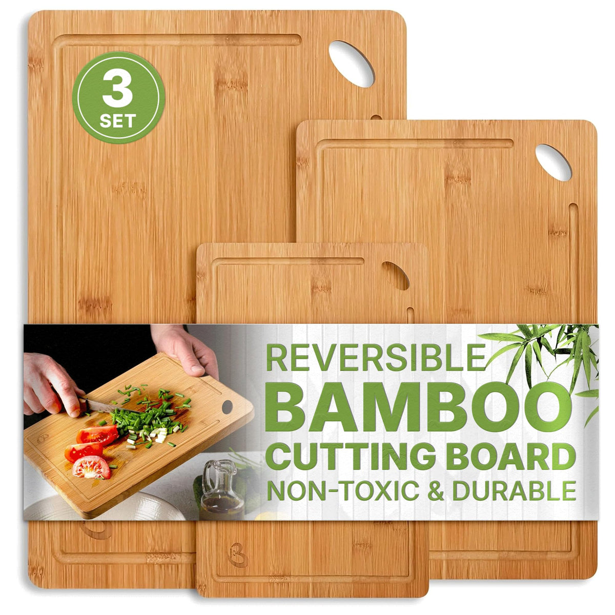 Wood Cutting Boards Set of 3 – Non-Toxic Bamboo Chopping Boards for Kitchen with Deep Juice Grooves – Durable, Eco-Friendly Wooden Serving Boards for Meat, Vegetables & Fruit