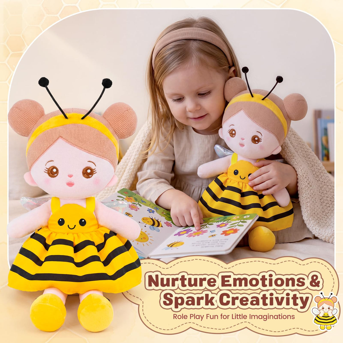 OUOZZZ Soft Baby Doll 12.6" Yellow Bee Dress Snuggle Buddy Doll