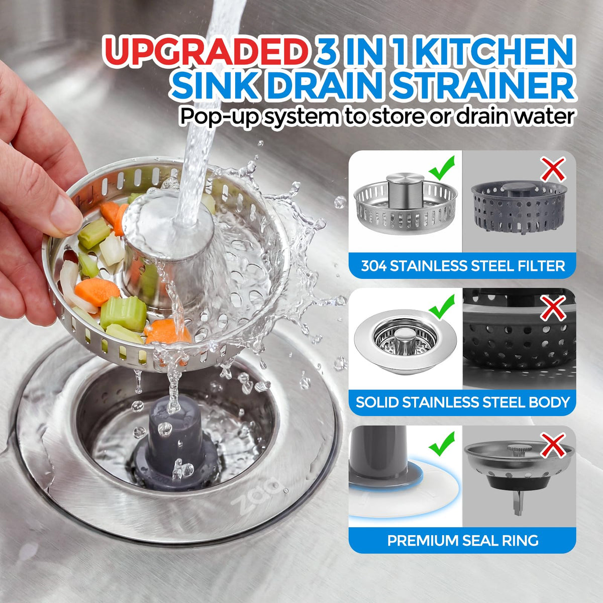 ZAA 3-in-1 Kitchen Sink Drain Strainer, 304 Stainless Steel Sink Stopper