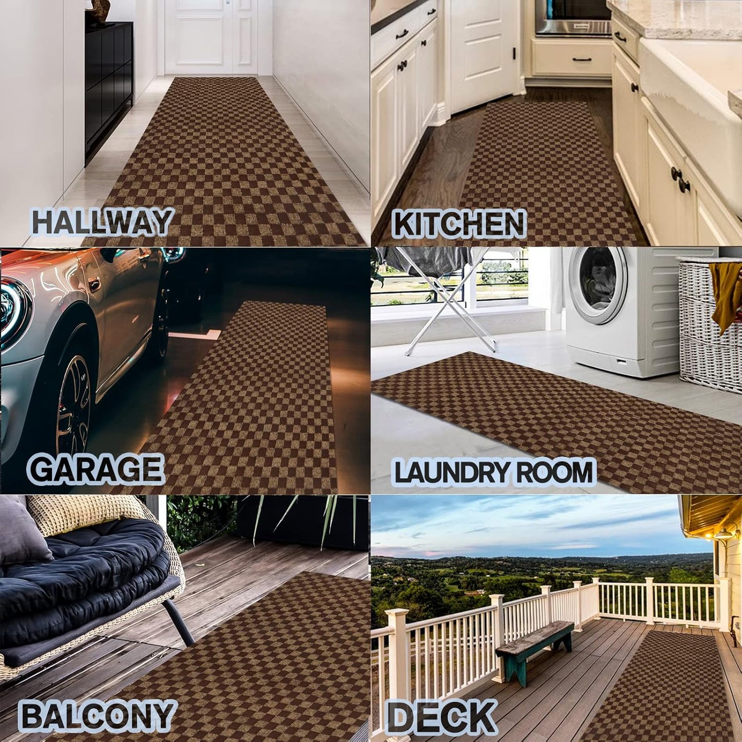 Custom Size Backed Non-Slip Area Rugs Runner, Easy Clean, Waterproof Runner Rugs for Hallway Entryway, Kitchen, Laundry, 2FT x 34FT, Brown Checkered