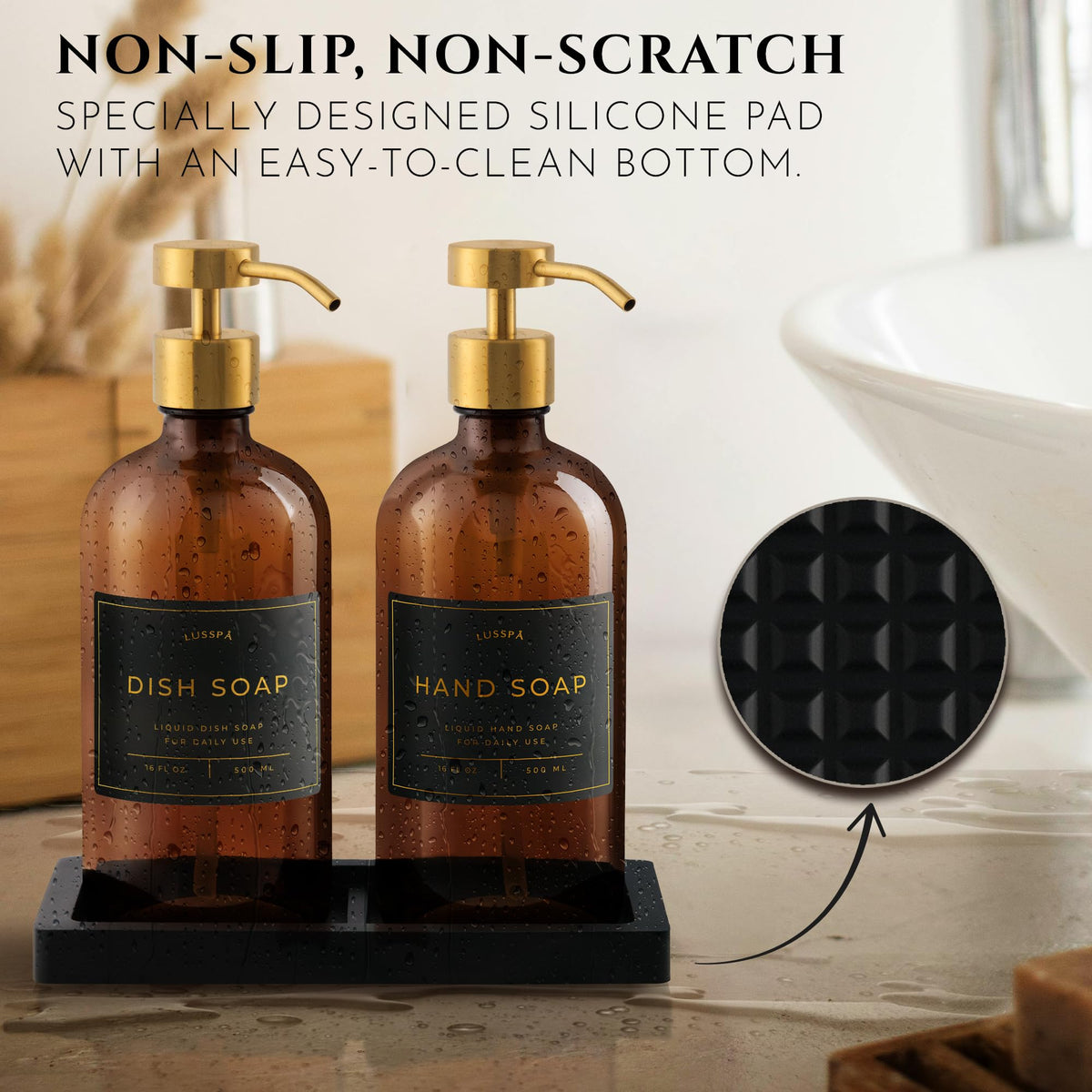 Glass Soap Dispenser Set of 2 (Amber) with Silicone Tray | Hand and Dish Soap Dispenser for Kitchen and Bathroom | 16.8 Oz Glass Bottles with Stainless Steel Pump & 15 Waterproof Labels (Amber/Gold)