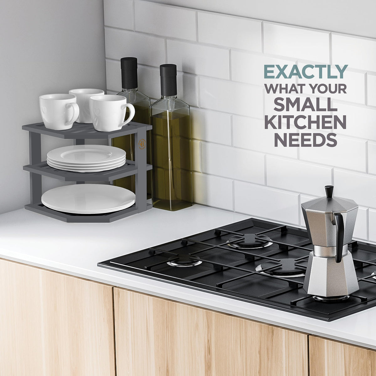Bambüsi Grey 3-Tier Corner Shelf, Kitchen Cabinet Organizer, Bamboo Rack