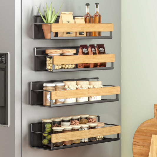 SONGMICS 4-Pack Strong Magnetic Real Bamboo Spice Racks for Fridge