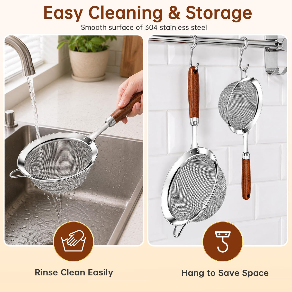 Fine Mesh Strainer Set, 30 Mesh 304 Stainless Steel Kitchen Sieve with Wooden Handle, 3 Sizes 12/14/18cm, for Sifting Flour, Tea, Rice, Pasta and Food Prep, 3 Piece Set