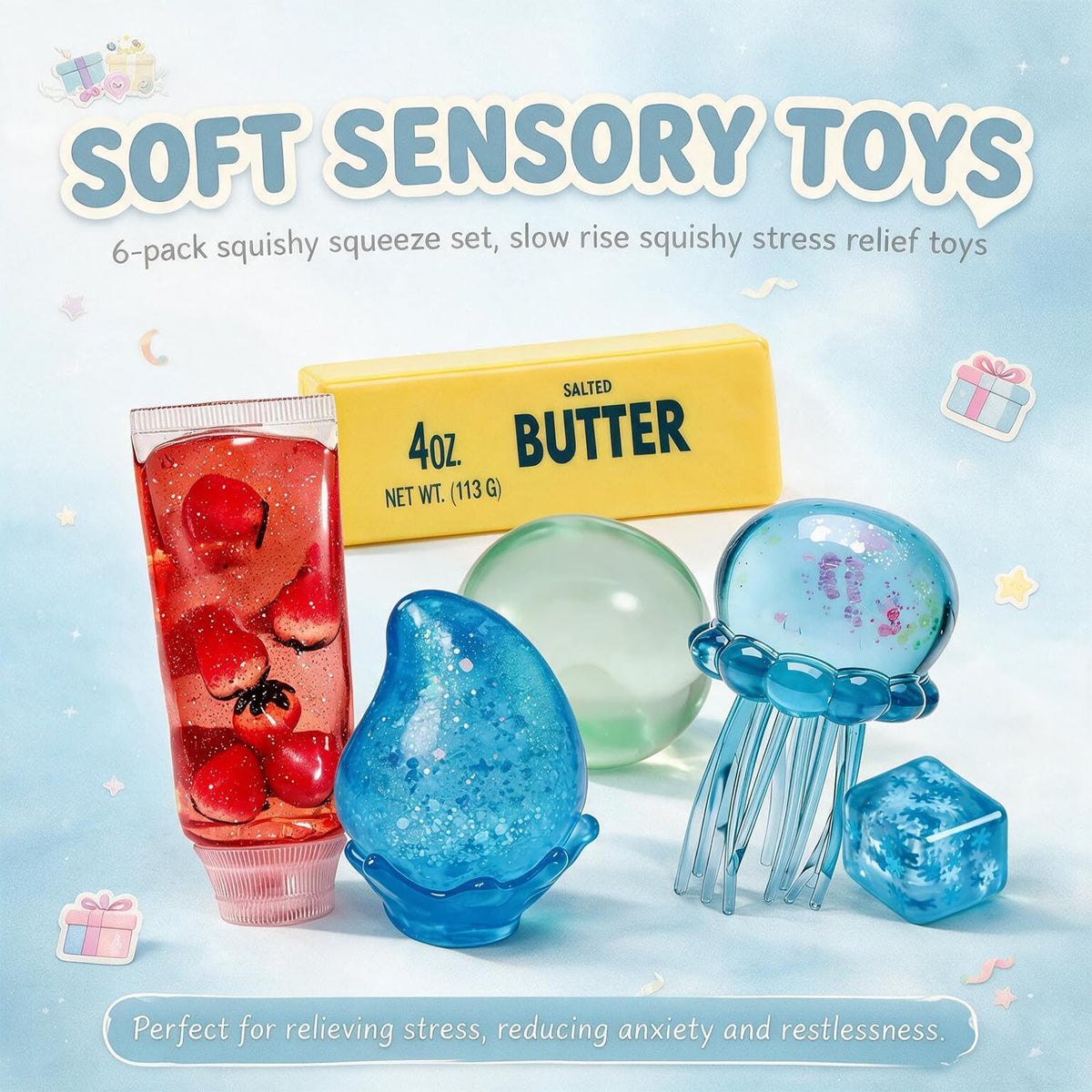 6 PCS Slow Rising Squishy Toy Set,Sensory Stress-Relief Soft Silicone Toys,Anxiety Relief,Soft and Bouncy Stress-Relief Squeeze Toys,Cute Soft Silicone Toys Set,Party Favors