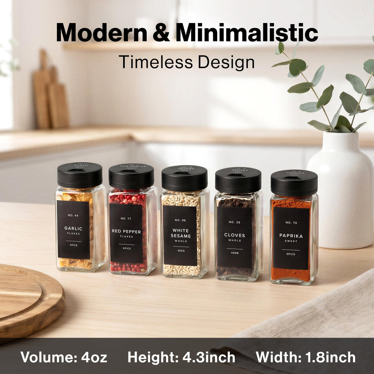 EDELHAUS Glass Spice Jars with Label and Black Sprinkle Lids (24 x 4oz)