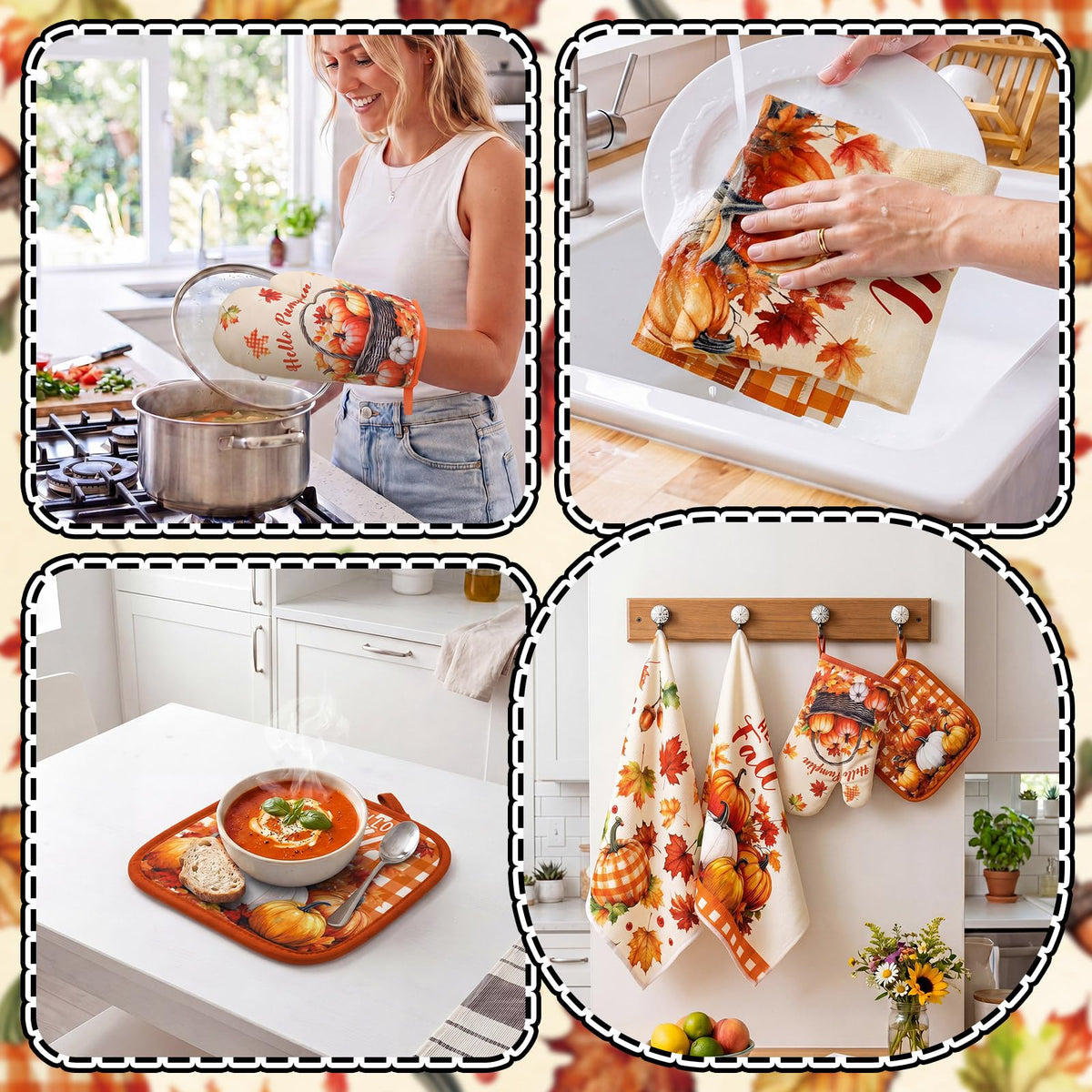 Fourluoo 10 Pcs Fall Kitchen Decor Maple Leaves Kitchen Accessories Set