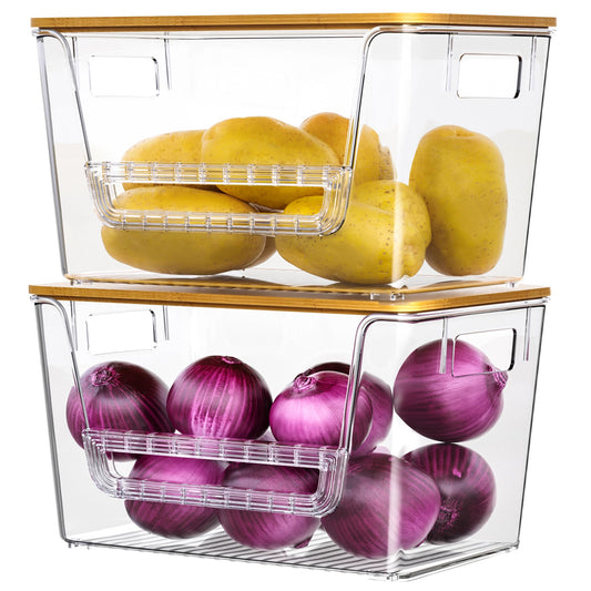 Wrrlors 2 Pack Pantry Organizers,Clear Onion Storage Bins with Bamboo Lids