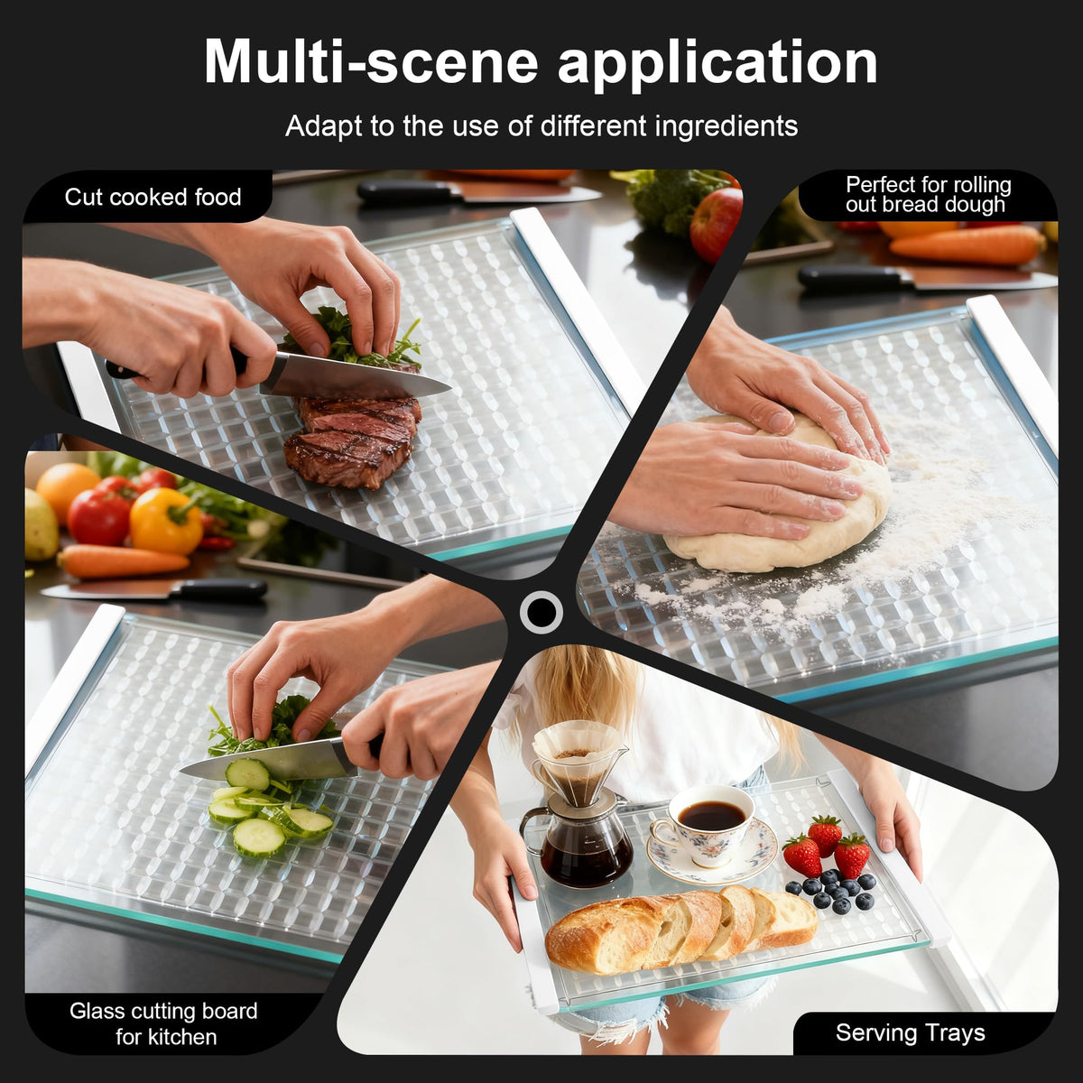 Luxury Artisan Mosaic Glass Cutting Board with Juice Groove - Tempered Glass checkered cutting board & Serving Tray, Dishwasher Safe, 16.2" x 12" x 0.24"