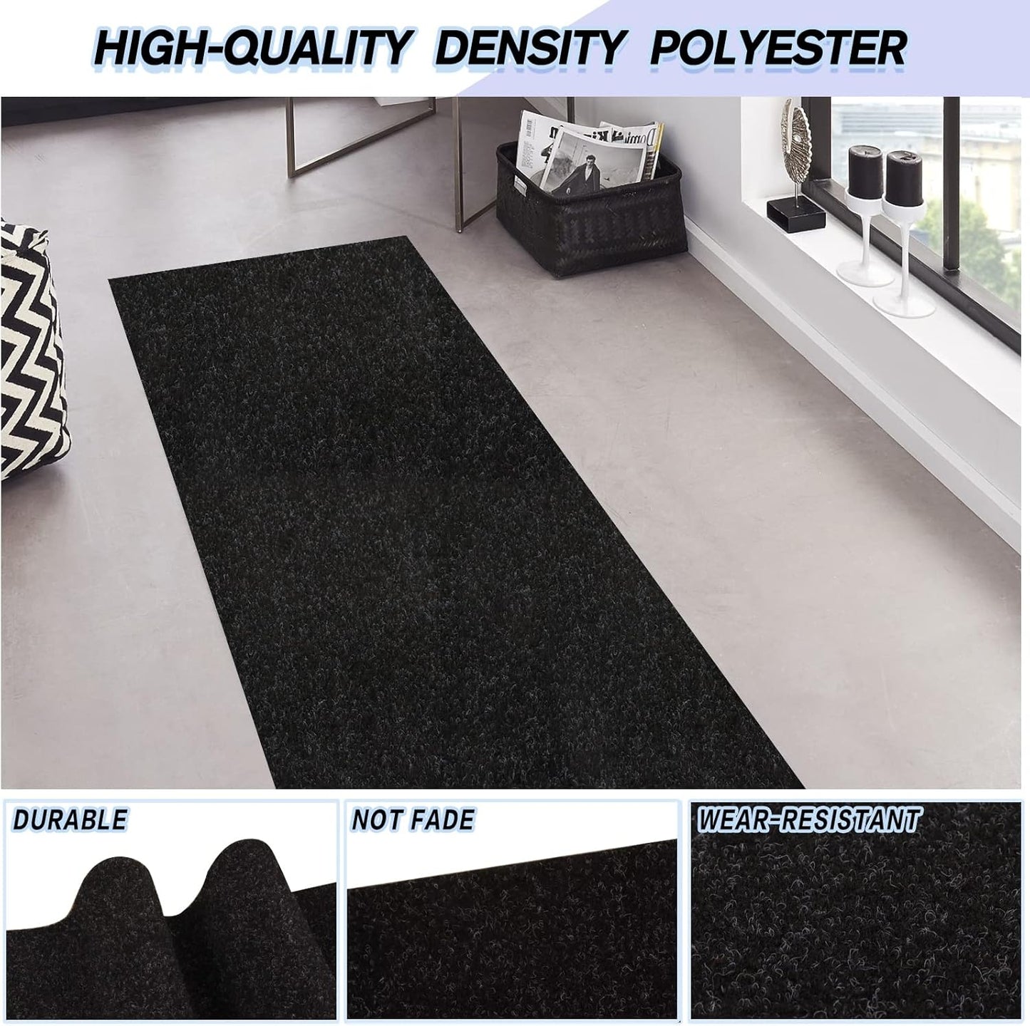 Custom Size Backed Non-Slip Area Rugs Runner, Easy Clean, Waterproof Runner Rugs for Hallway Entryway, Kitchen, Laundry, 2FT x 38FT, Black
