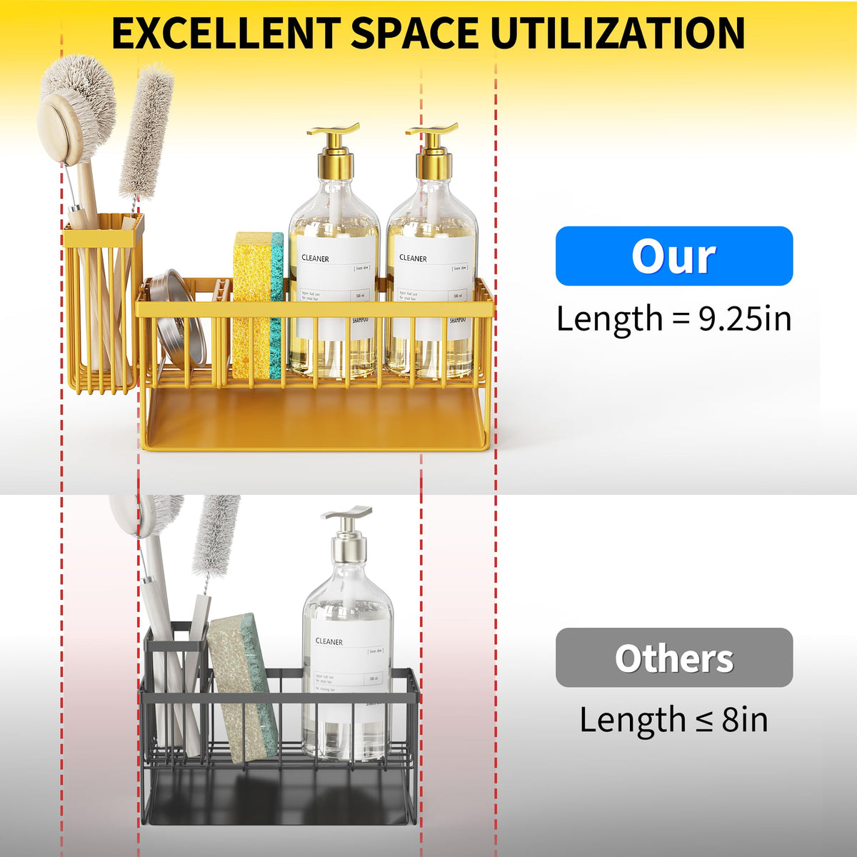 Cisily Lemon Yellow Sink Caddy Organzier with High Brush Holder, Sponge Holder for Sink, 304 Rustproof Stainless, Kitchen Countertop Soap Dispenser Organizer, Lemon Kitchen Decor and Accessories