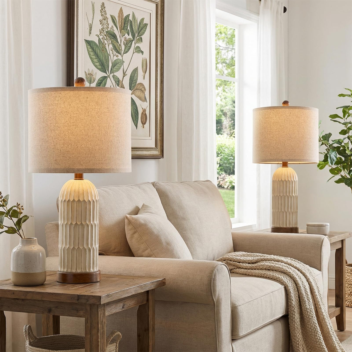 OYEARS 22" Bedside Table Lamps Set of 2, Farmhouse Lamp with USB A+C,Brown
