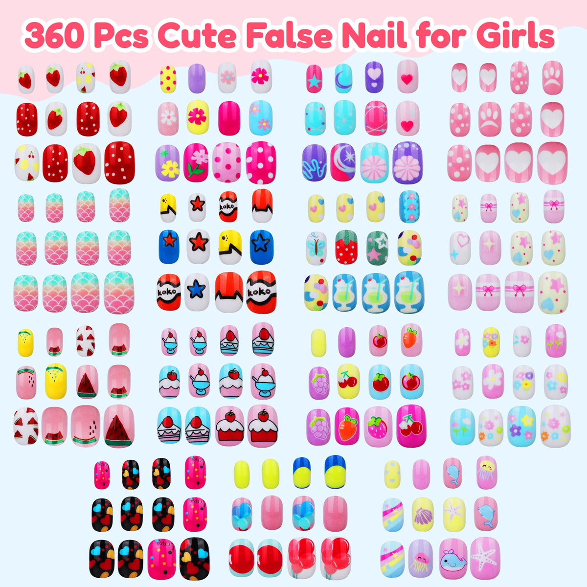 Teenitor 360 Pcs Press On Nails, 15 Styles 12 Sizes Press On Nails for Kids Girls 8-15 Years, Fake Acrylic Kids Nails with Nail Adhesive Tabs, Nail File Nail Buffer