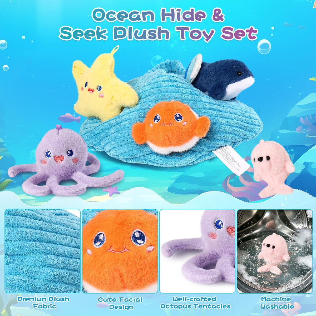 MIAODAM Ocean Sea Stuffed Animal Plush Set, 6Pcs Soft Sea Creature Plushies