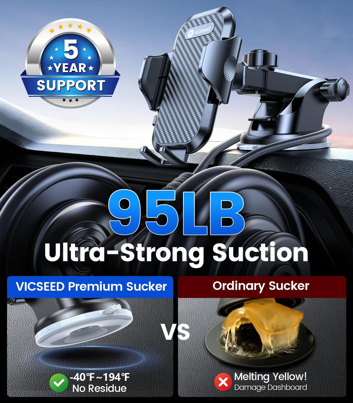 VICSEED 2026 Ultimate Sturdy Car Phone Holder [Upgraded 95+LBS Strongest Suction] Universal Long Arm Cellphone Mount for Car Dashboard Windshield Vent Truck Boat for iPhone 18 17 16 Pro Max & Android