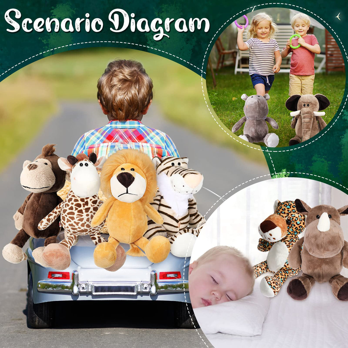HyDren 9 in Safari Animals Plush Stuffed Zoo Toys Bulk, Classic