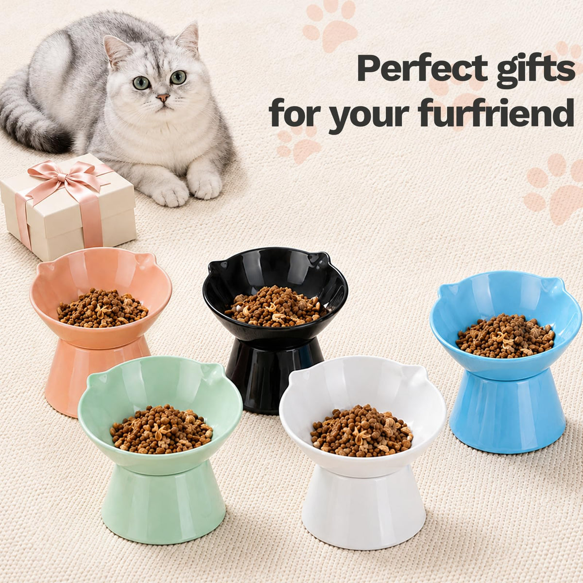 Raised Cat Bowls, 6.3" Extra Wide Shallow Elevated Cat Bowl Detachable, 15° Tilted Whisker Friendly Cat Feeding Bowl, 16oz Capacity, Anti-Vomiting, Neck Protection, Food&Water for Cats Puppies, White