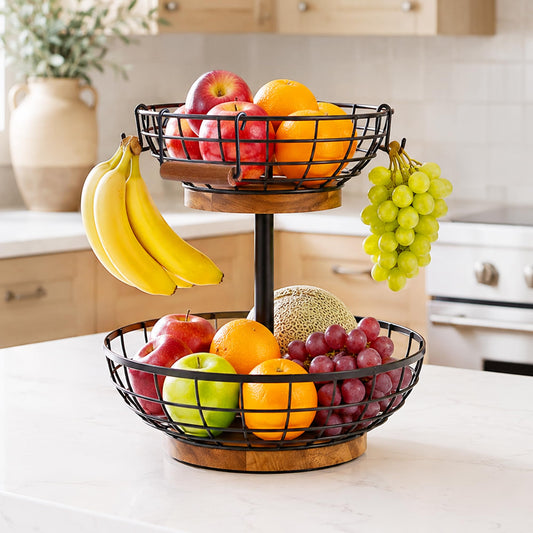 MILENTII 2 Tier Fruit Basket with Banana Hanger, Metal Fruit Bowl Stand with Wooden Base, Kitchen Counter Fruit Organizer for Vegetables, Bread, Snacks Storage Basket