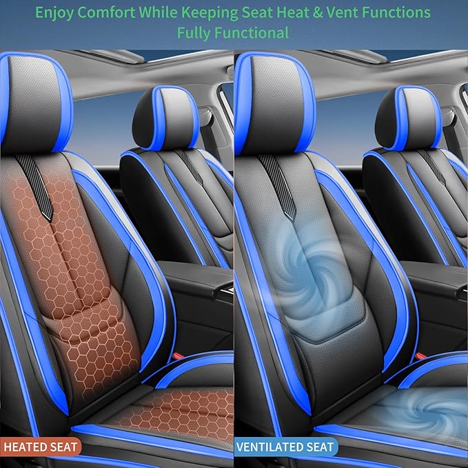 Fit Honda Fit Car Seat Covers for Honda Fit 2007-2019 2020-Upgraded Premium Waterproof & Breathable Leather,Airbag Compatible,All-Weather Seat Cushion Protector,Full Set,Black-Blue