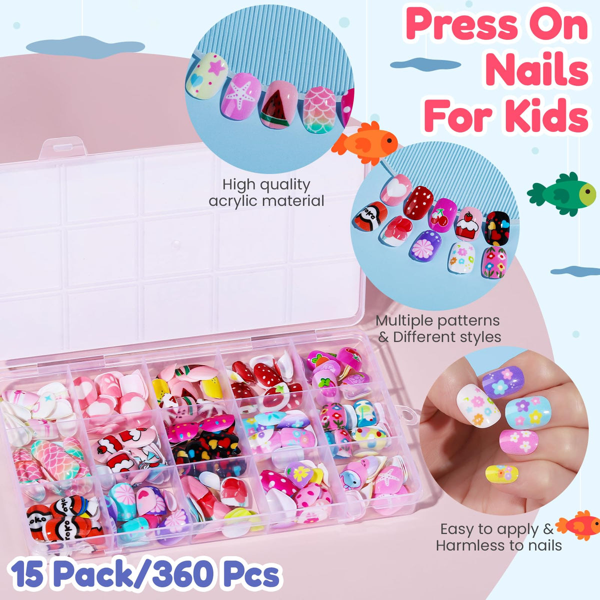 Teenitor 360 Pcs Press On Nails, 15 Styles 12 Sizes Press On Nails for Kids Girls 8-15 Years, Fake Acrylic Kids Nails with Nail Adhesive Tabs, Nail File Nail Buffer