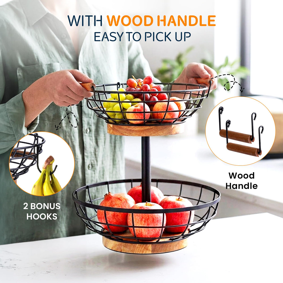 MILENTII 2 Tier Fruit Basket with Banana Hanger, Metal Fruit Bowl Stand with Wooden Base, Kitchen Counter Fruit Organizer for Vegetables, Bread, Snacks Storage Basket