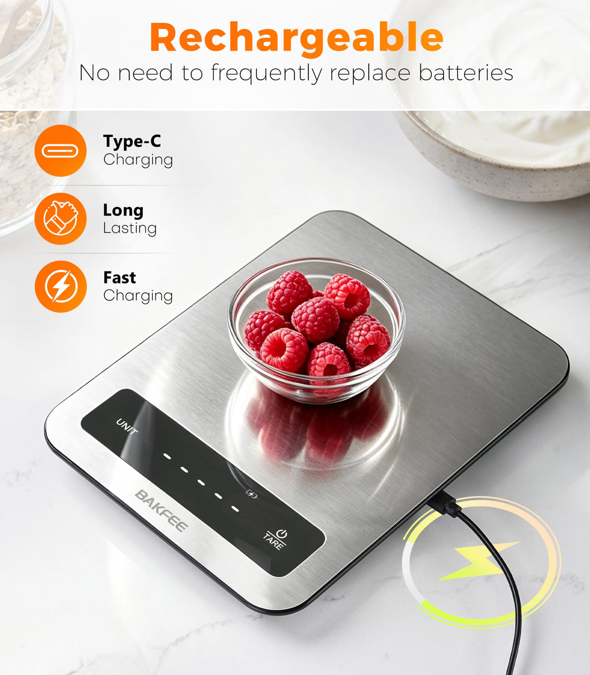 BakFee Waterproof Food Scale, 22lb Kitchen Scale, IP67, Rechargeable, Grey