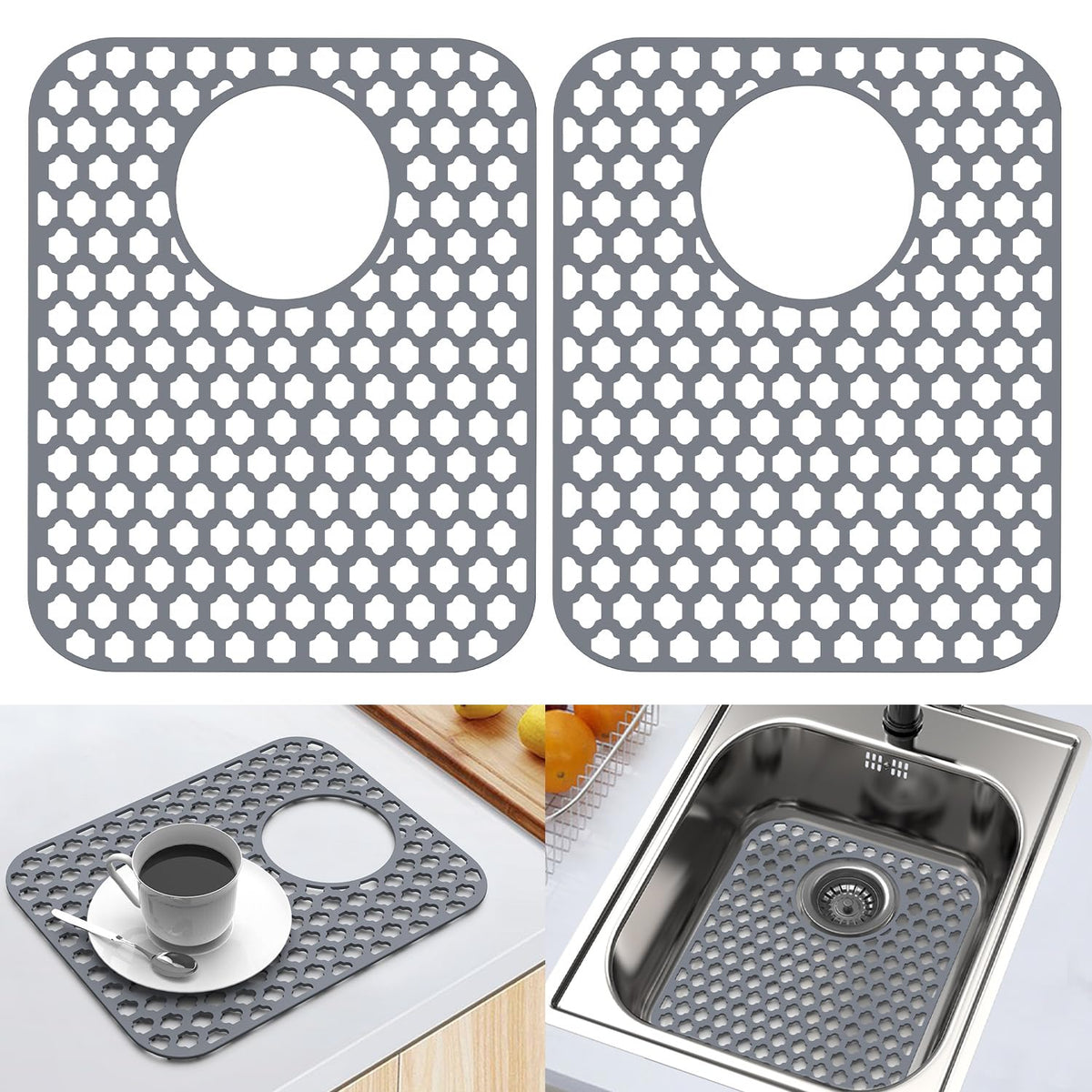 BEHOK 2 Pack Silicone Sink Protector Mat for Kitchen Sink Rear Drian Gray