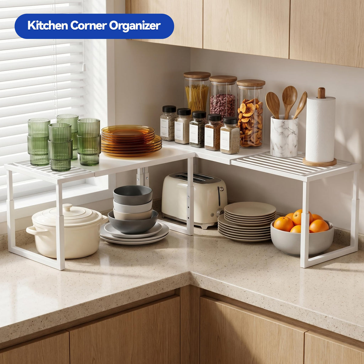 2 Packs Expandable Cabinet Shelf Organizer, Stackable Countertop Shelves
