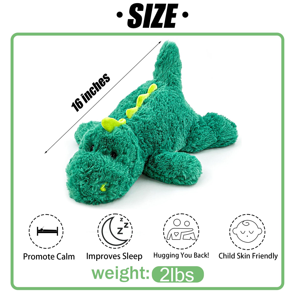 YOUBLEK 16" 2 Lb Green Dinosaur Weighted Stuffed Animals, Plush Pillow Toy