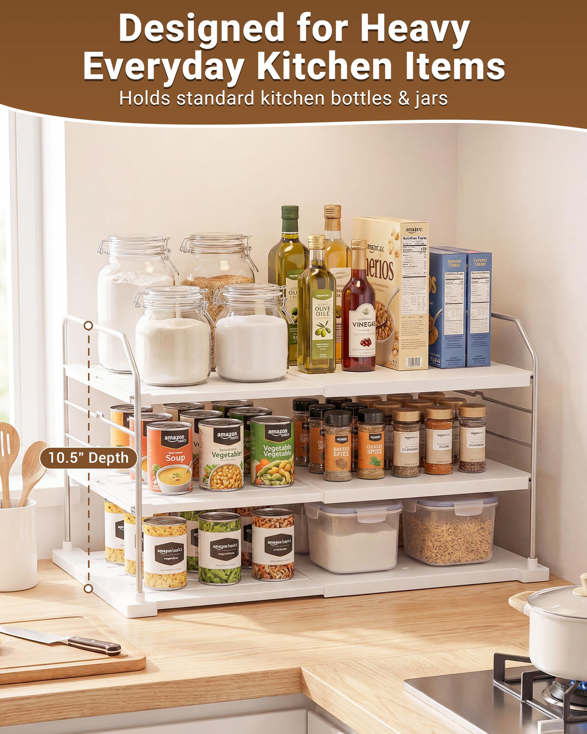 EVERIE Extendable 3-Tier Kitchen Cabinet & Pantry Organizer for Plastic Wrap, Foil & Storage Bags, Adjustable Heavy Duty Shelf Rack for Wrap Boxes, Jars & Snack Boxes (11–16.7 in Wide), Pack of 1