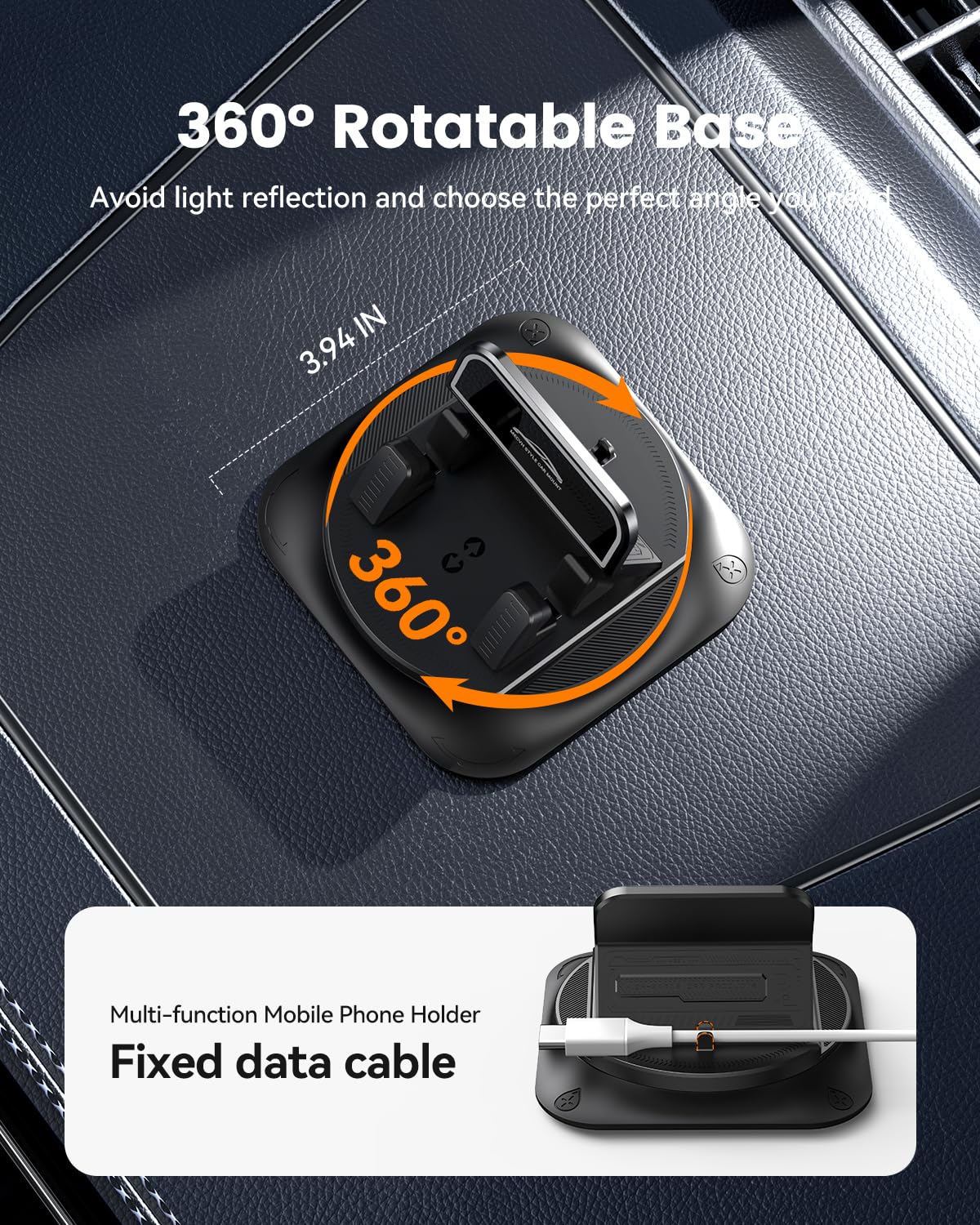 Vpryhuan 360 Degree Rotation Dashboard Phone Holder for Car, Anti-Slip Grips & One-Hand Operation Car Cell Phone Mount with Adjustable Spring Clip, Compatible with iPhone Samsung All Smartphones