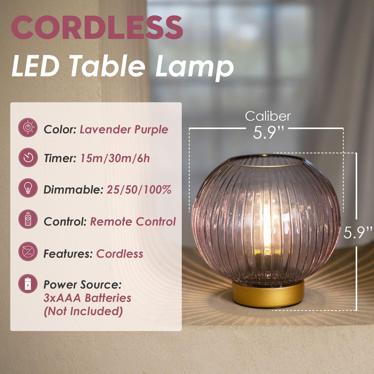 ULAROOM Battery Operated Lamp with Remote Control, Cordless Table Lamps with Timer & Replaceable LED Blub, Portable Dimmable Brightness Small Lamp for New Home Gift Decorative Corner Bedroom (Purple)