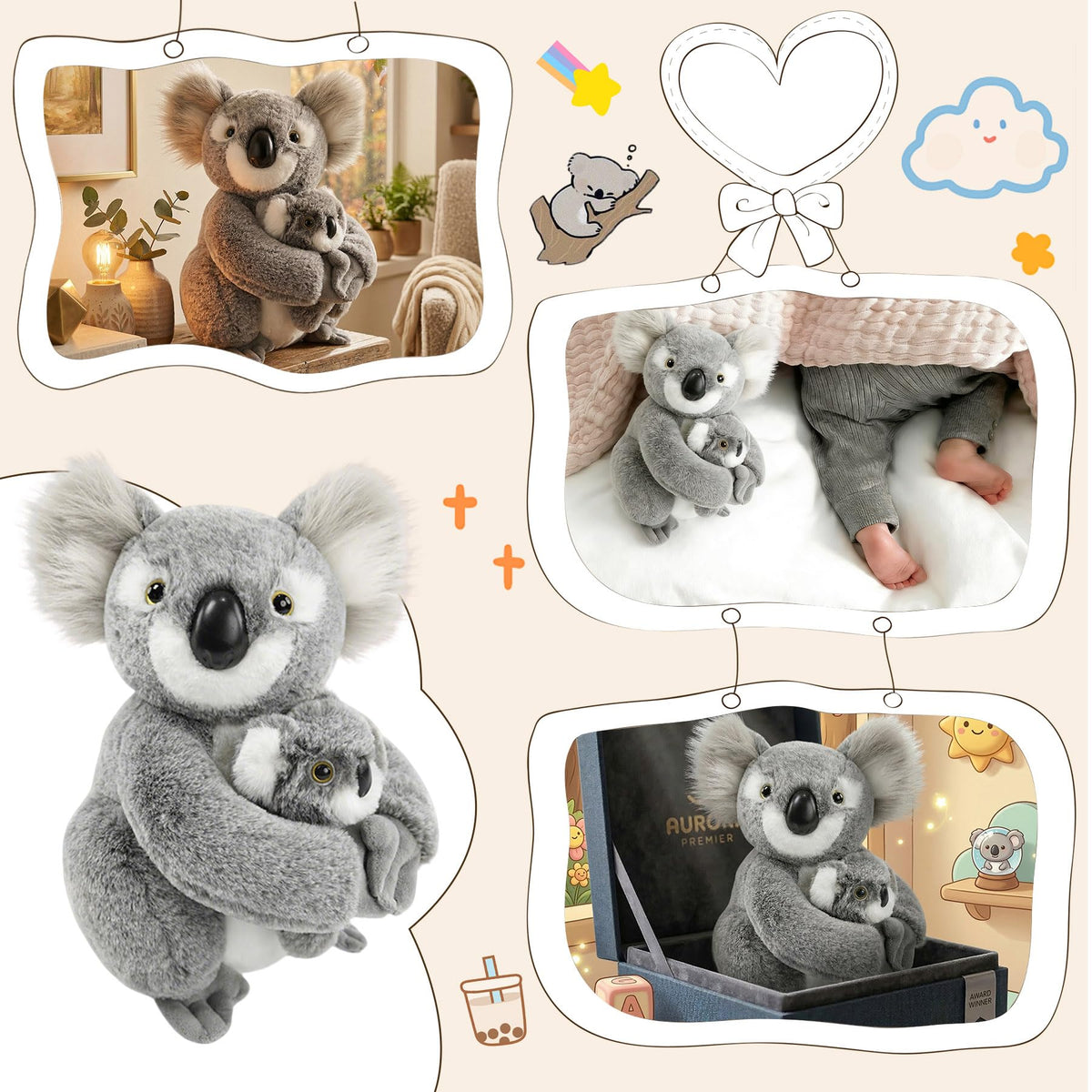 JUSTQUNSEEN 2PCS Koala Stuffed Animal with Baby Hugging Koala Bear Plush Toy 10 Inch Cute Soft Mom and Baby Plushies for Girls Girlfriend Women Valentines Day Gifts Kawaii Room Decor Love Present