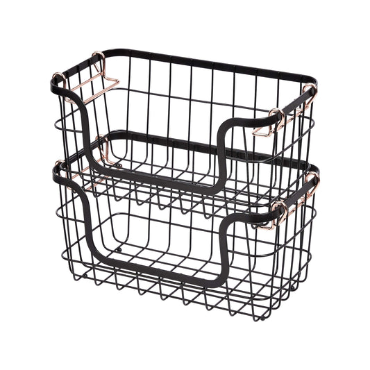 Amazon Basics Stackable Metal Wire Rectangular Storage Baskets for Kitchen, Bathroom or Pantry Organizing, 2 Count, Black