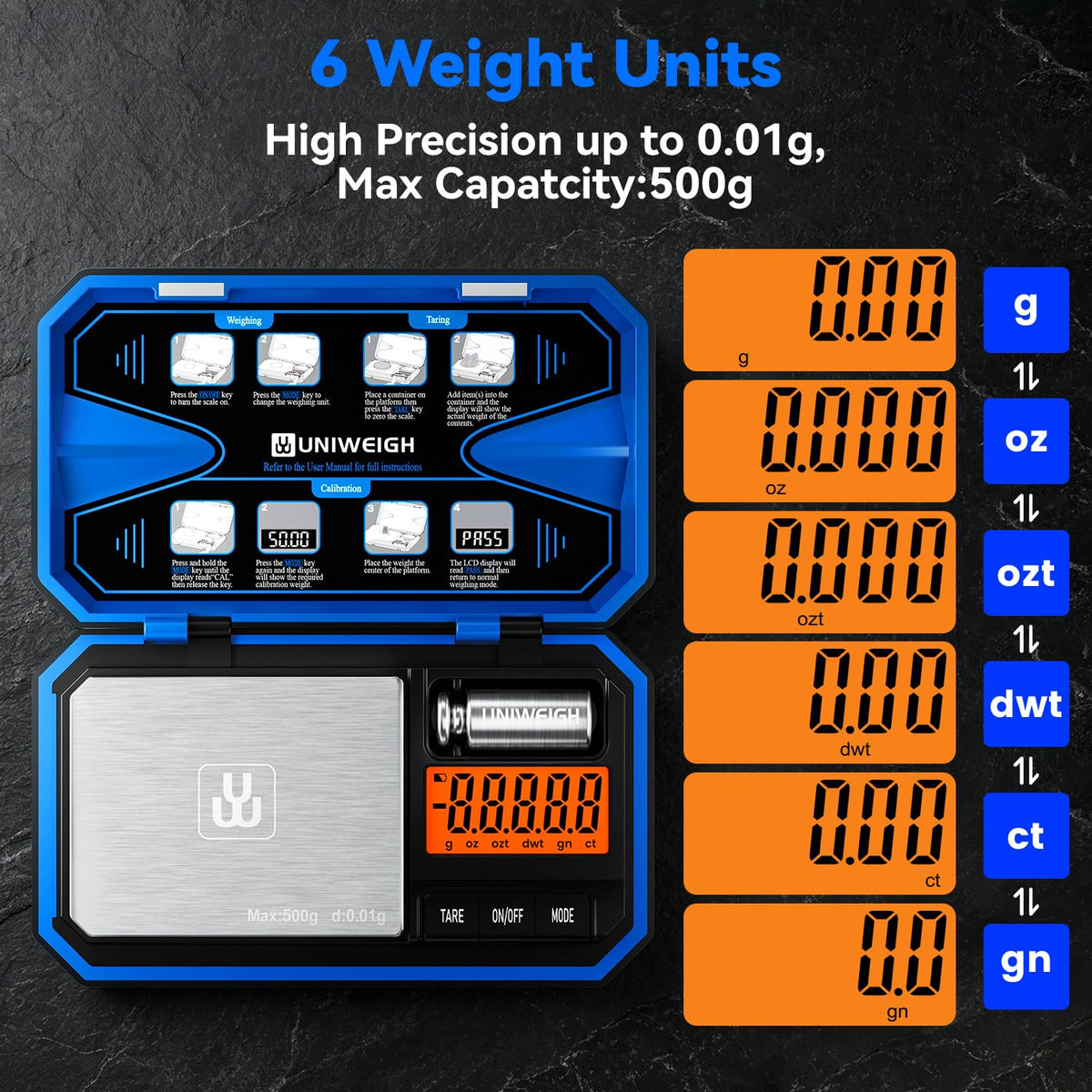 UNIWEIGH Digital Pocket Gram Scale 500g x 0.01g Precision Jewelry Scale