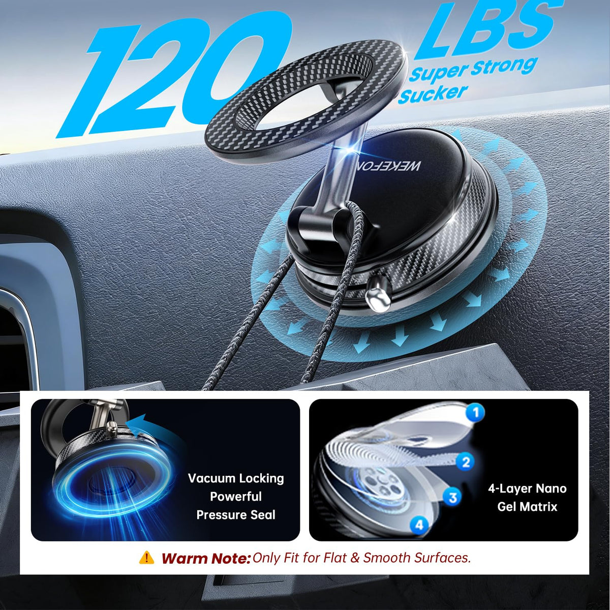 Upgraded Car Phone holder for Magsafe [120LBS Suction Cup & 3000gf Magnet ] 1100° Adjustable Vacuum Magnetic Phone Holders for Your Car, Dashboard Car Mount Bracket for iPhone & Android, Carbon Fiber