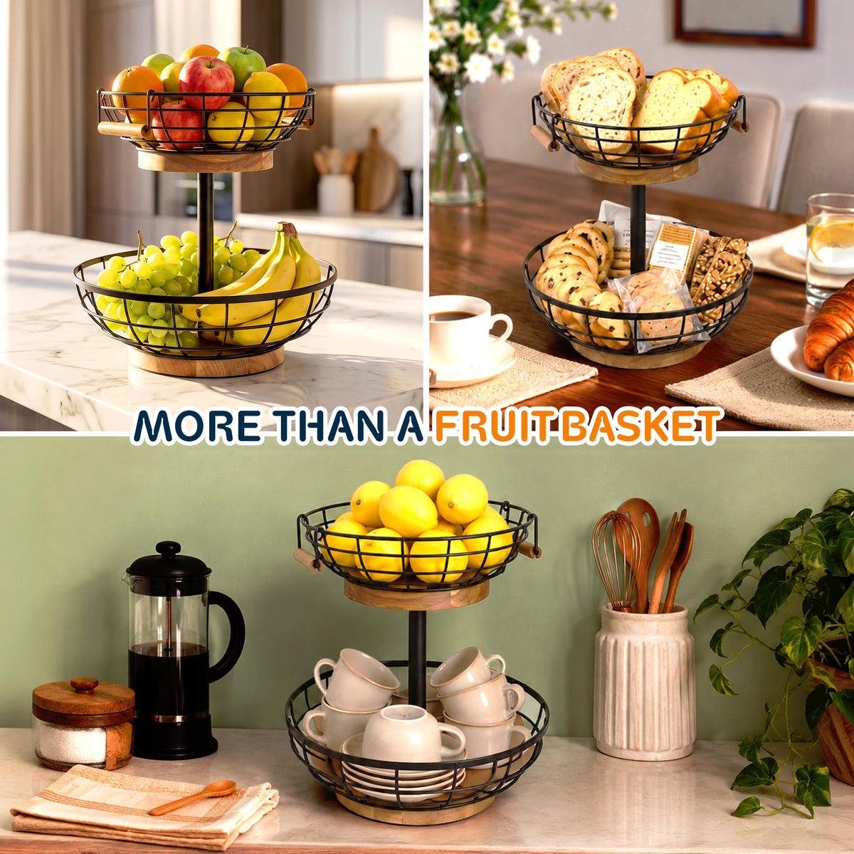 MILENTII 2 Tier Fruit Basket with Banana Hanger, Metal Fruit Bowl Stand with Wooden Base, Kitchen Counter Fruit Organizer for Vegetables, Bread, Snacks Storage Basket