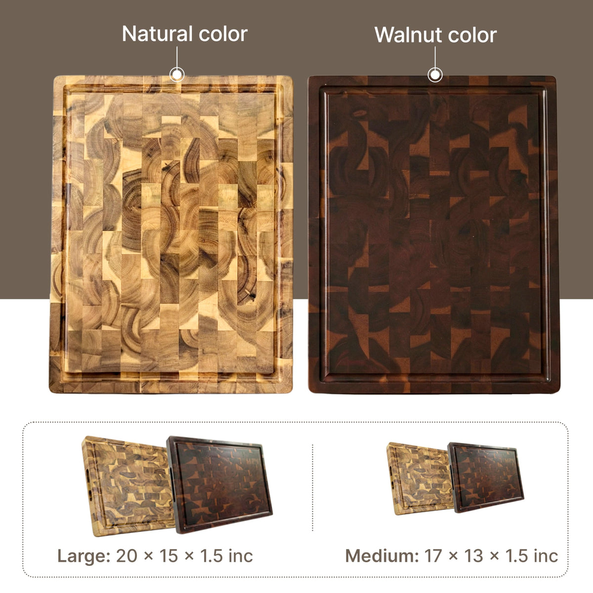 Koppen Wood End Grain Cutting Board, Knife-Friendly Butcher Block with Juice Groove, Inner Handles & Food Well, Reversible Heavy Duty Serving & Chopping Board, Walnut Color