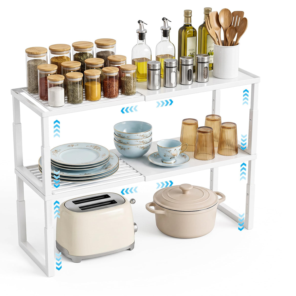 2 Packs Expandable Cabinet Shelf Organizer, Stackable Countertop Shelves