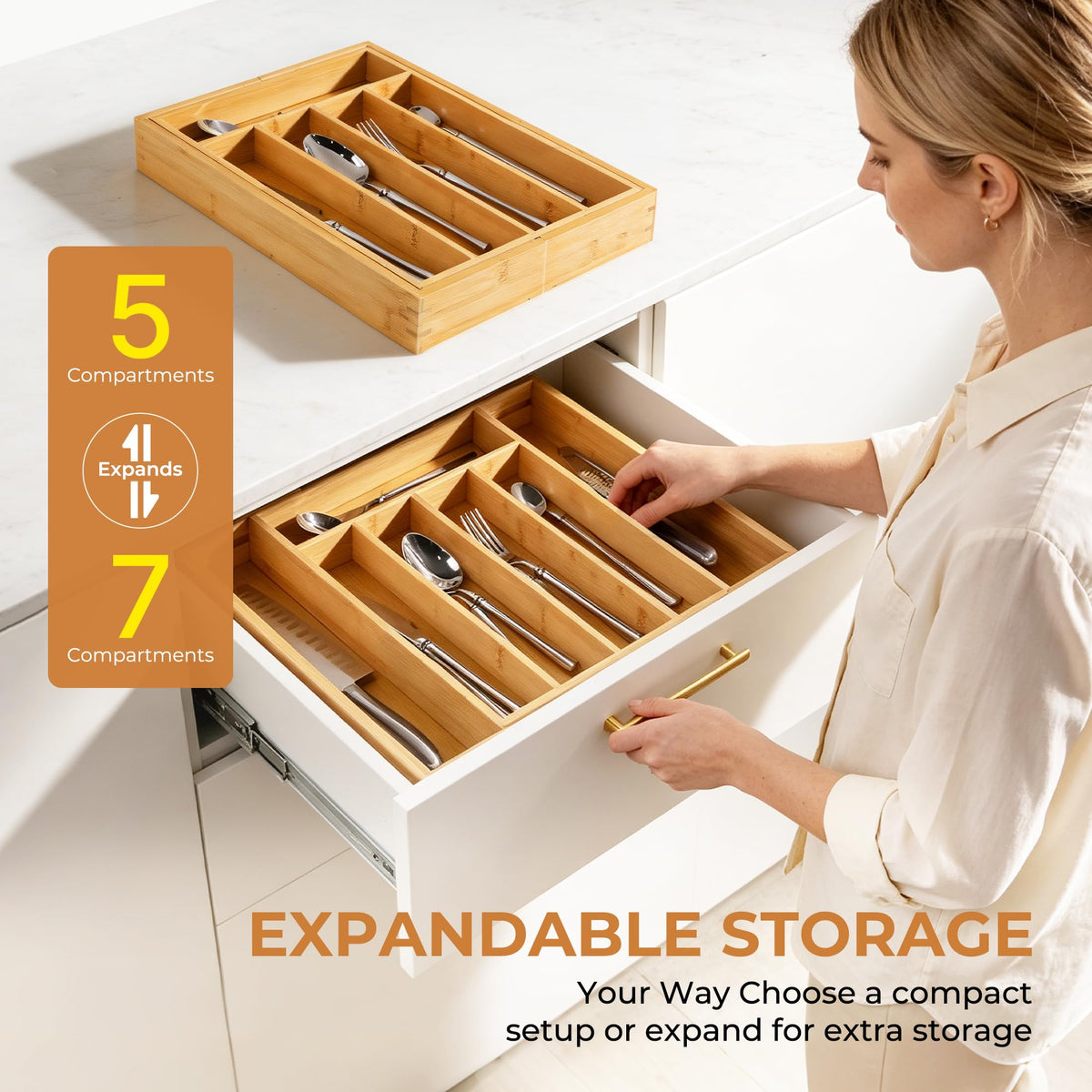 Bellsal Silverware Organizer Kitchen Drawer Organizer Expandable Bamboo Utensil Holder Cutlery Tray for Kitchen Utensil and Flatware Bedroom Office