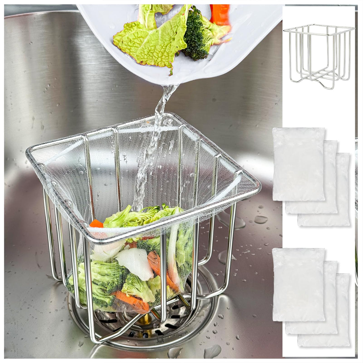Kitchen Sink Strainer with Sink Basket Holder and 300 Strainer Net Bags