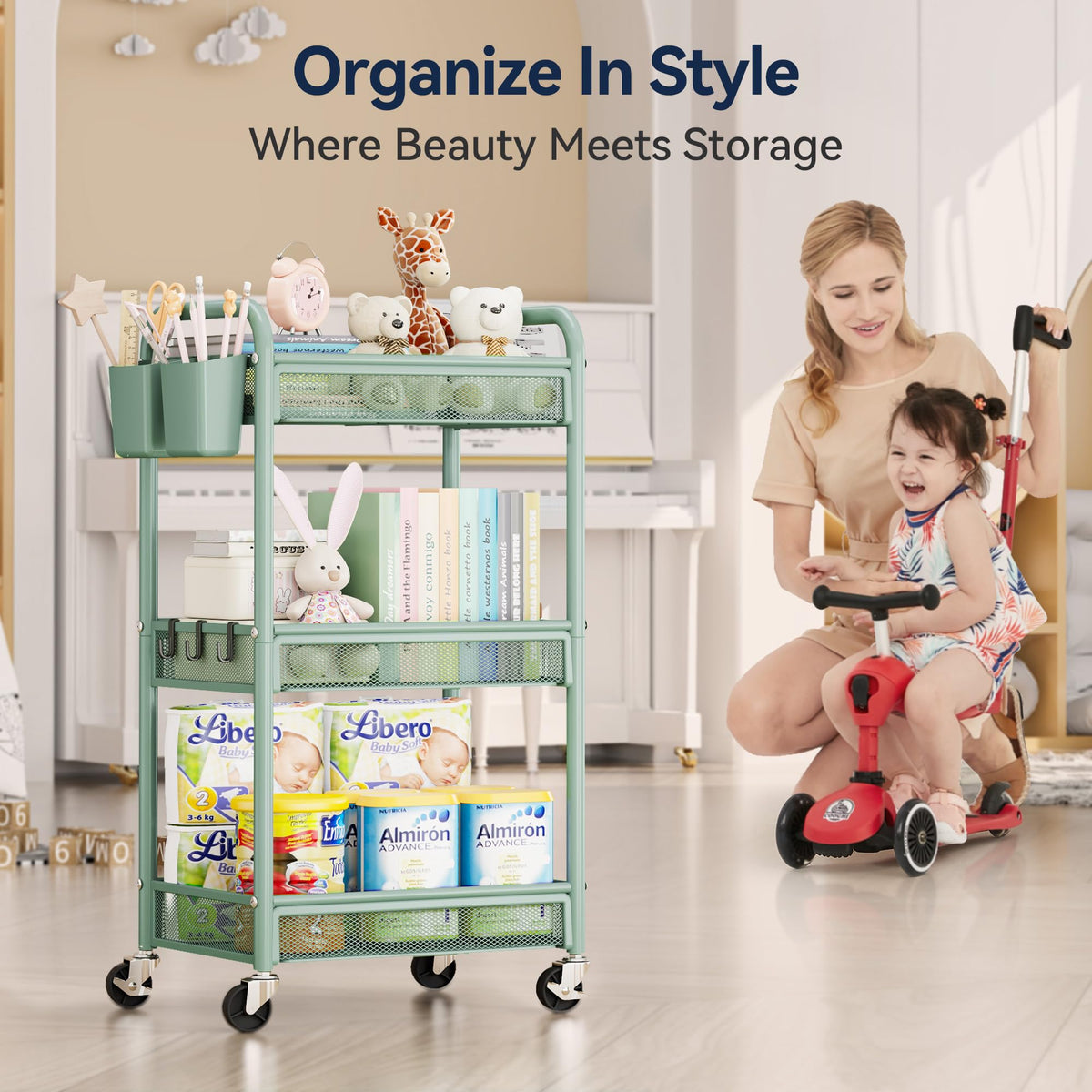 YASONIC 3 Tier Metal Rolling Cart, Green Utility Storage Cart with Wheels
