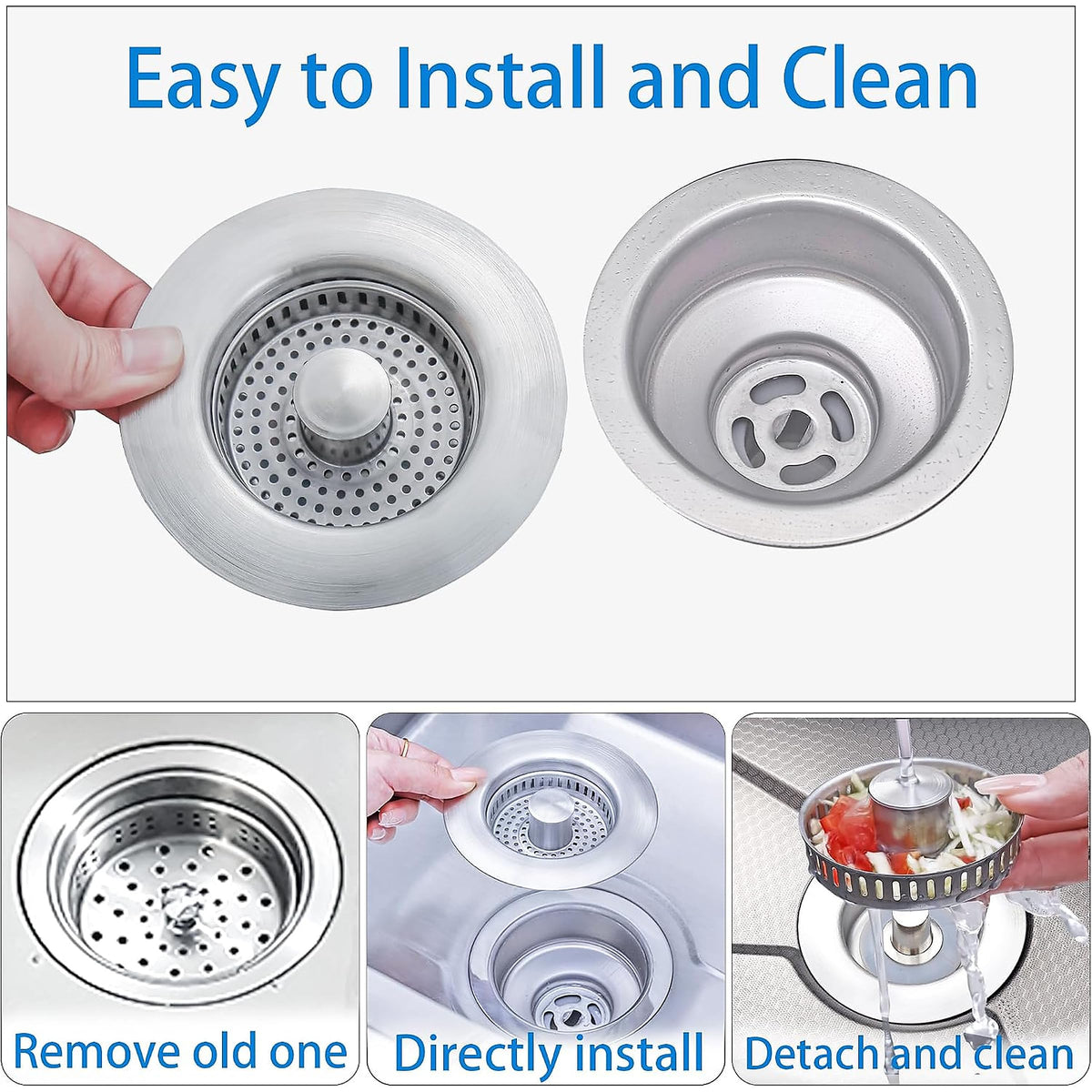 Sink Drain Strainer - Sink Stopper for Kitchen Drain,3 in 1 Kitchen Sink Drain Strainer with Anti Clogging Basket, Easy to Install Kitchen Sink Stopper for US Standard 3-1/2” Drain Hole