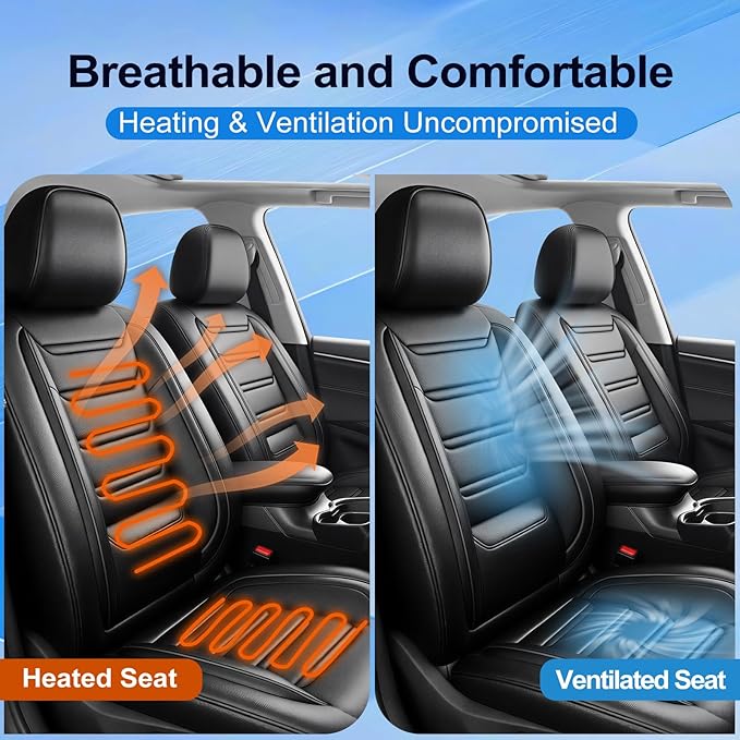 Fit Ridgeline Car Seat Covers for Select Honda Ridgeline 2007-2025 2026 - Premium Full Coverage Leather, Airbag Compatible, Waterproof & All Weather Seat Cushion Protector, Full Set, Black