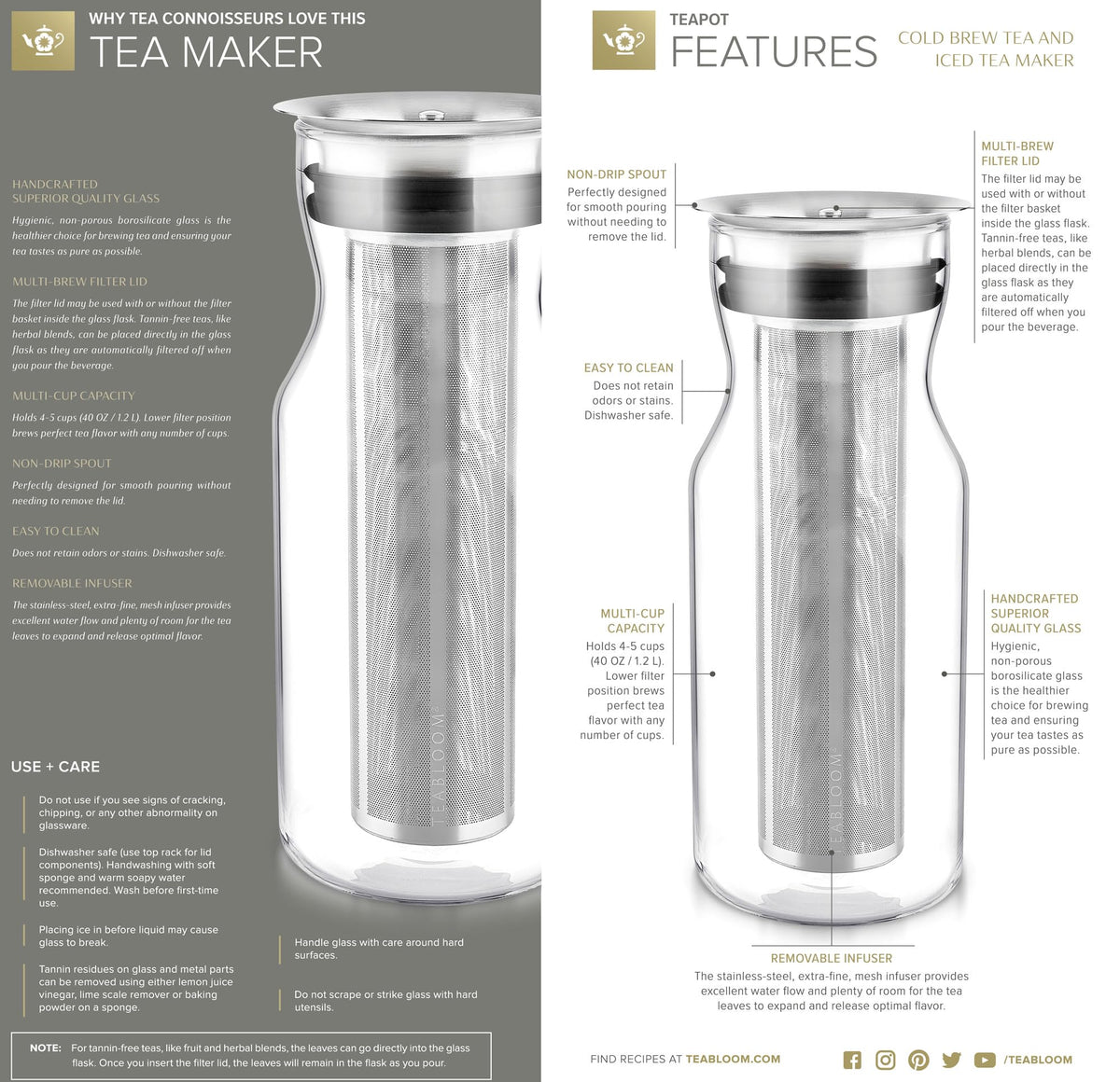 Teabloom Multi-Beverage Carafe (40 OZ / 1.2 L / 4-5 CUPS) – Brew and Serve Iced Tea, Cold Brew Tea and Fruit Infused Water – Cypress Carafe