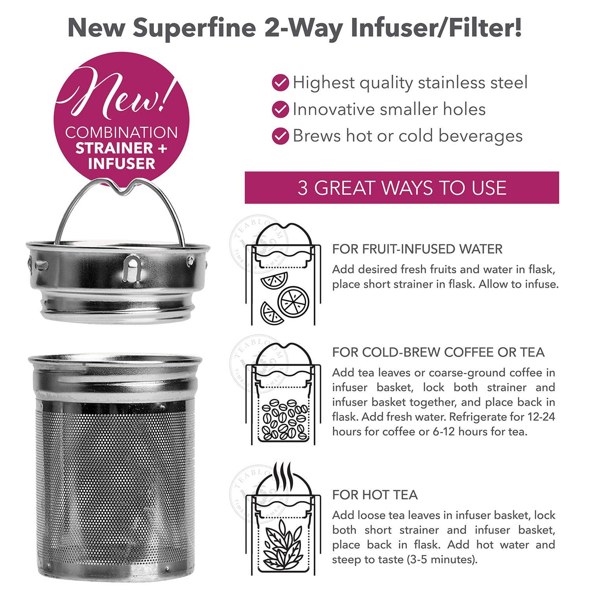 Teabloom All-Purpose Beverage Tumbler – 15 oz / 450 ml Insulated Glass Bottle – Tea, Coffee, Fruit Infused Water – All-Temperature Travel Mug – Stainless Steel Infuser Basket – The Wayfarer Tumbler