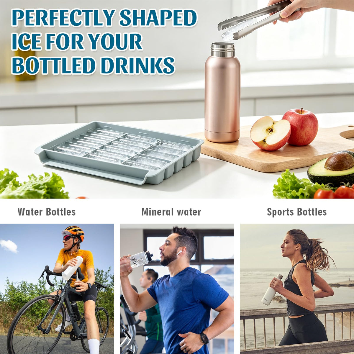 KIBTOPS 6 Pack Ice Cube Trays with Lid & Bin, 3.3-Inch Long Water Bottle Ice Stick Tray, Easy Release, Reusable, BPA Free Ice Cube Mold for Whiskey, Wine, Coffee, DIY Fun (126 sticks)