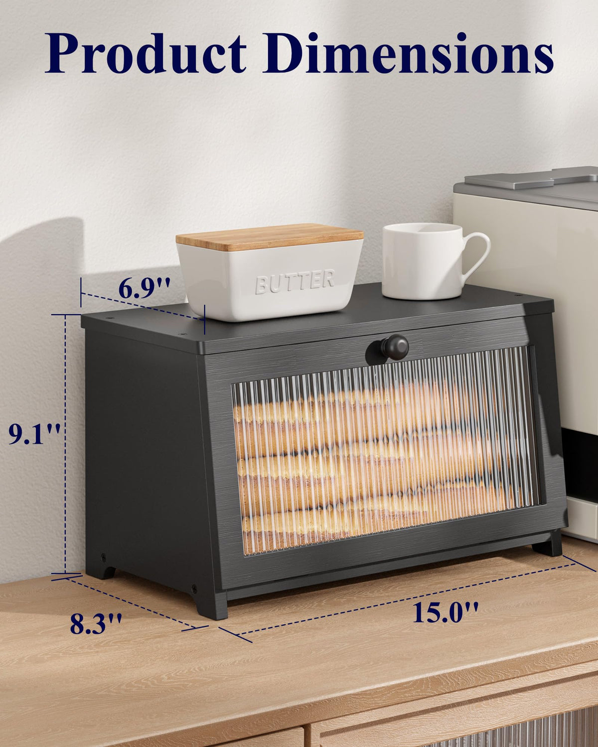 Kitsure Wooden Bread Box for Kitchen Countertop, 1-Tier, Black